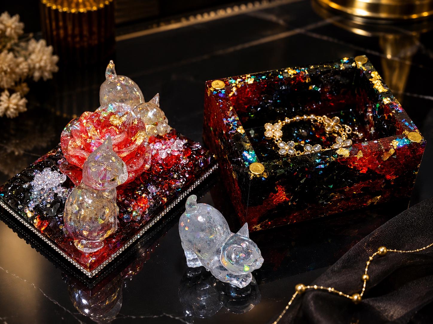 The Crimson Rose Heirloom Box, deep red resin with gold leaf and a sculpted rose.