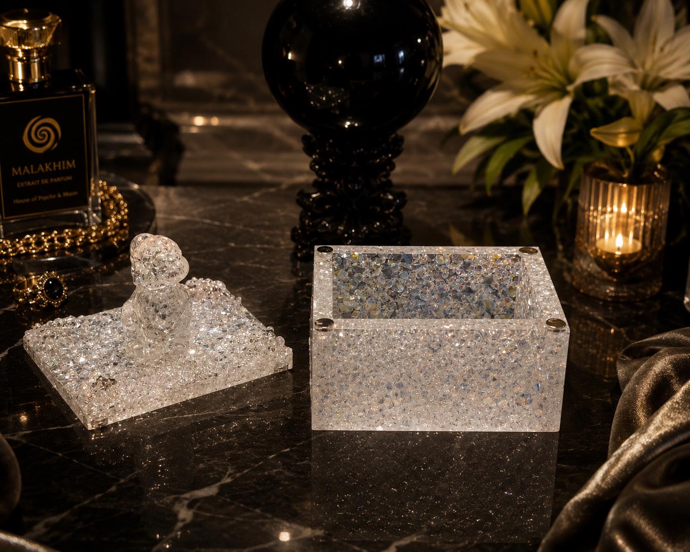 The Moonlit Bunny box, a sculpted crystal bunny resting on a lid of glittering resin and crushed glass.